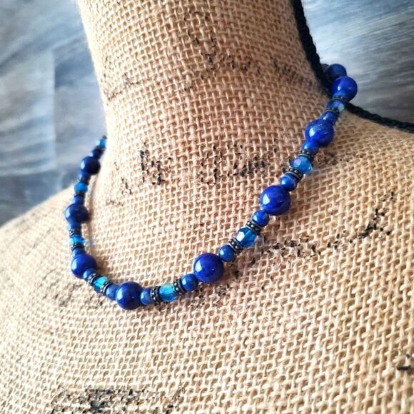 Navy Blue Abstract Glass Ceramic Heavy Statement Necklace Medium Size Beaded 💙 - Picture 1 of 6